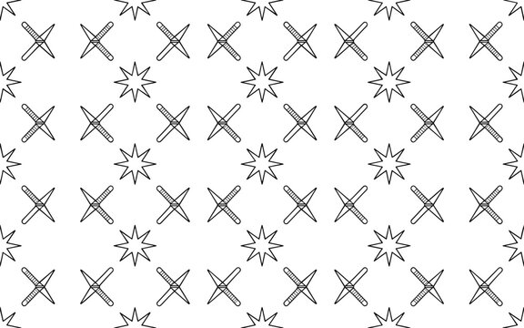 Minimalist seamless pattern of ninja kunai daggers and stars repeating on a clean white surface with sharp high lighting.