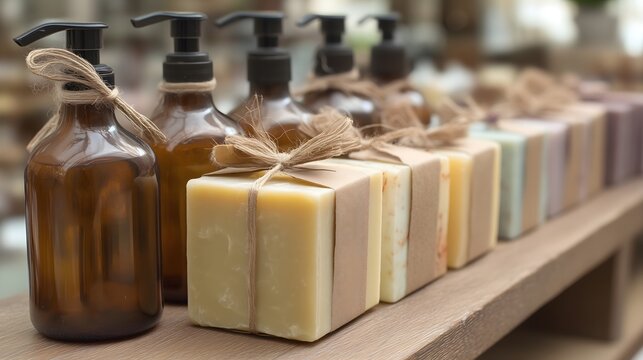 Natural soaps wrapped in paper packaging on wooden display shelf