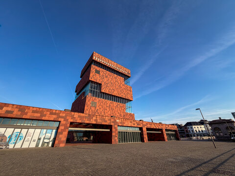 MAS Museum Iconic Stacked Red Brick Architecture Under Blue Sky, Antwerpen, Belgi&euml;