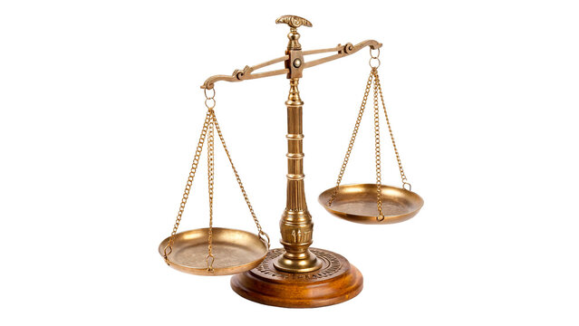 Classic brass balance scales of justice law legal symbol isolated on transparent background