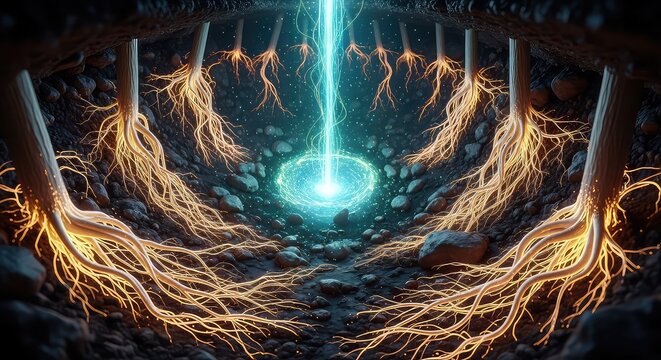 Bioluminescent tree roots converging on a glowing energy core in a dark underground soil cavern