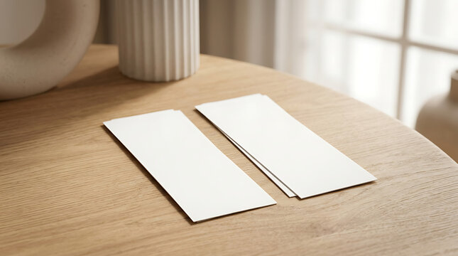 two blank white vertical paper bookmarks resting on wooden table for branding mockup display stationery presentation