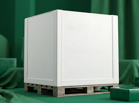 Large white industrial shipping container on wooden pallet in green studio environment for logistics and supply chain display