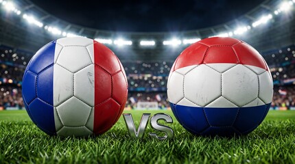 Obraz premium Paraguay vs France Soccer Match Concept – Two Footballs with National Flags on Stadium Grass Field