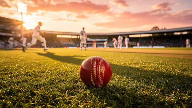 Cricket Ball on Grass Field at Sunset