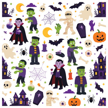 Classic halloween monsters seamless pattern with vampires zombies mummies and haunted house