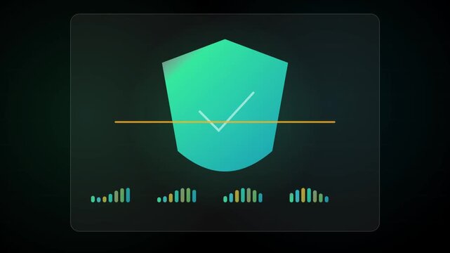 Antivirus protection dashboard with glowing green shield and system verification graphs.
