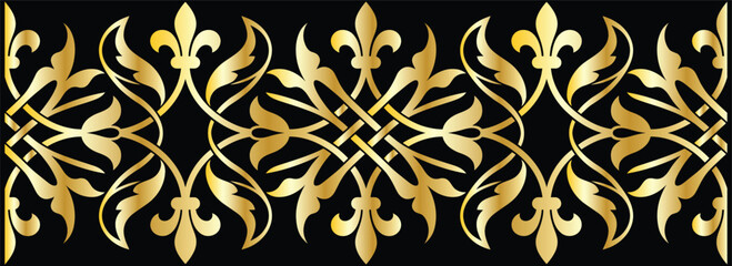 Golden ornate border with fleur de lis and celtic knot patterns on black background. © MRSTOCK LAB