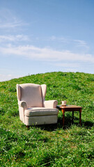 Fototapeta premium Elegant Armchair on Lush Green Hillside