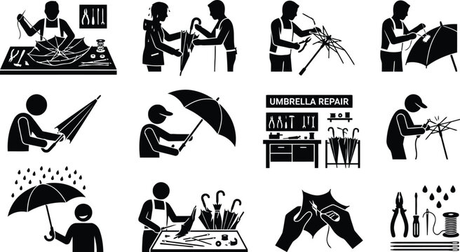 Black and white umbrella and sewing repair services icons