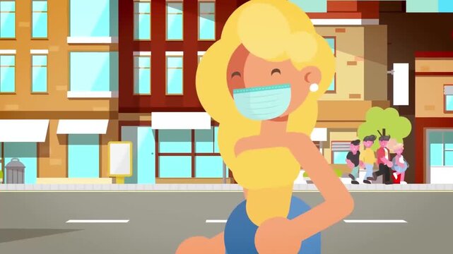 2D Animated Woman Wearing Face Mask Walking in the City, Urban Street Background, Health Protection Concept, Flat Vector Style Loop