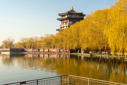 Beautiful view of Tang Paradise park and lake at twilight in Xi'an, China.