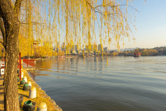 Beautiful view of Tang Paradise park and lake at twilight in Xi'an, China.