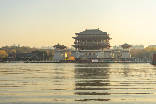 Beautiful view of Tang Paradise park and lake at twilight in Xi'an, China.