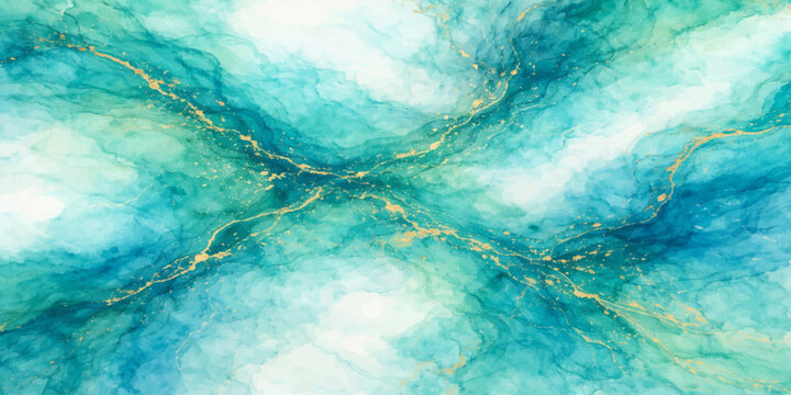 Luxury teal turquoise fluid marble background with elegant metallic gold veins for premium cosmetic packaging