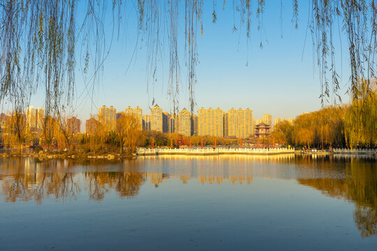 Beautiful view of Tang Paradise park and lake at twilight in Xi'an, China.
