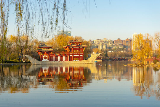 Beautiful view of Tang Paradise park and lake at twilight in Xi'an, China.