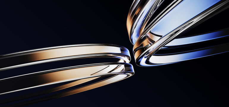 Neon glass circle speed lines with blue gold gradient, abstract dark 3d background. Crystal light holographic rings with motion and glow effect. Futuristic tech, elegant wallpaper. 3D illustration