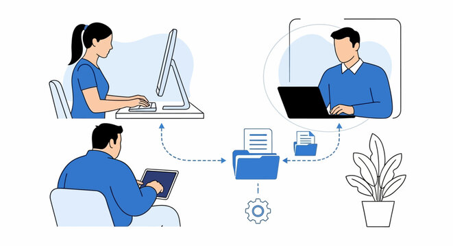 Collaborative workflow with digital document management and remote teamwork illustration
