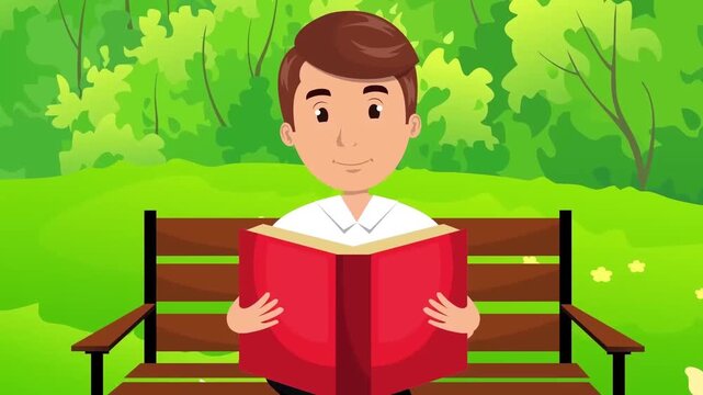 2D Animated Young Man Reading Book sitting on Bench in Green Park, Outdoor Education, Relaxation, Flat Vector Landscape Illustration