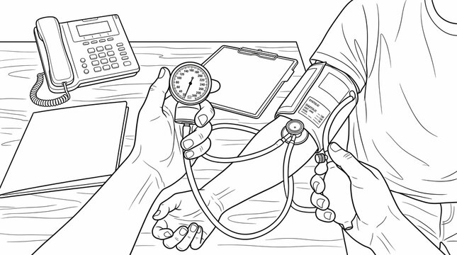 A detailed, black and white line art illustration showing a healthcare professional using a sphygmomanometer and stethoscope to check a patient's blood pressure. 