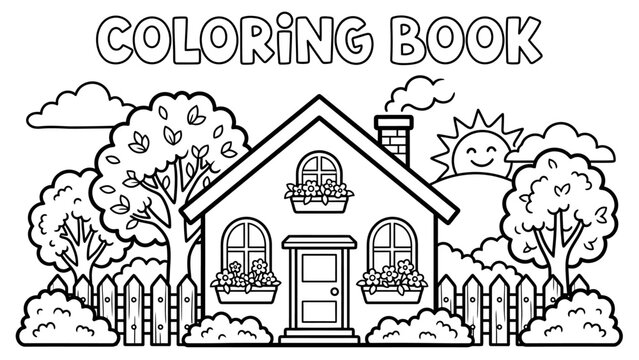 Coloring book house illustration featuring a cheerful home, garden, and smiling sun designed for children&rsquo;s creative coloring activities