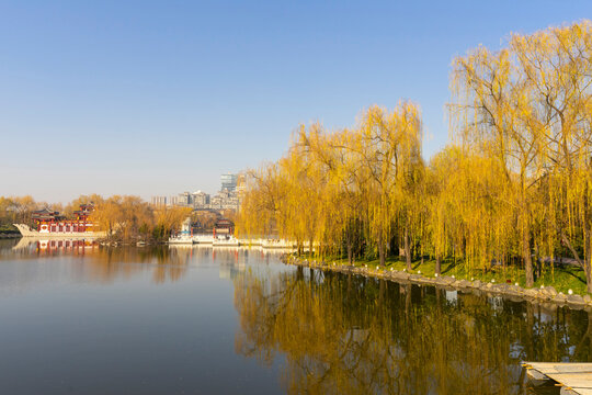 Beautiful view of Tang Paradise park and lake at twilight in Xi'an, China.