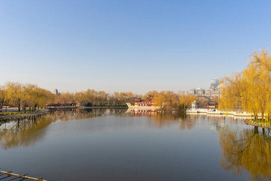 Beautiful view of Tang Paradise park and lake at twilight in Xi'an, China.