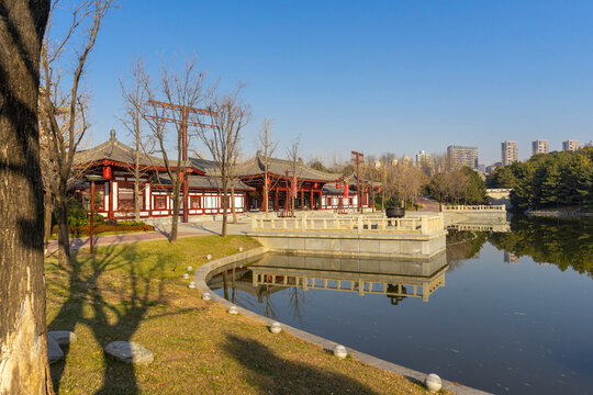 Beautiful view of Tang Paradise park and lake at twilight in Xi'an, China.