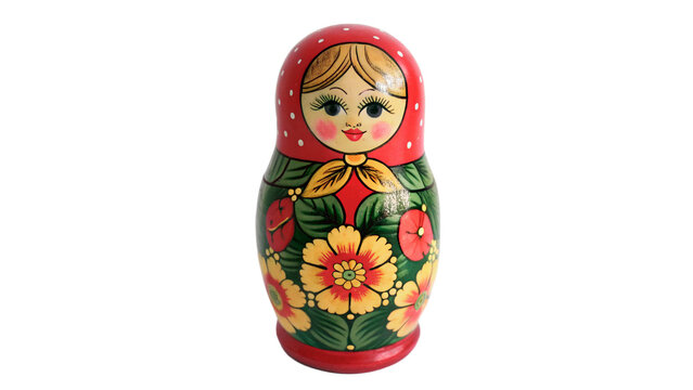 Traditional wooden Russian nesting doll matryoshka with colorful painting isolated on transparent background
