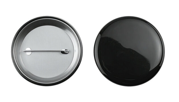 Two round button badges black front, back showing pin. Isolated