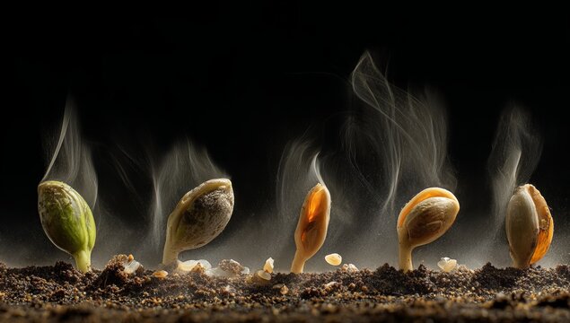 Sequential stages of seed germination with emerging sprouts and roots.
