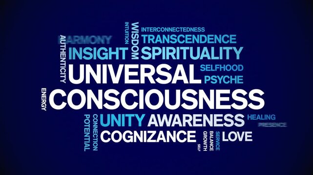 Universal Consciousness animated word cloud-text design animation tag kinetic typography seamless loop.