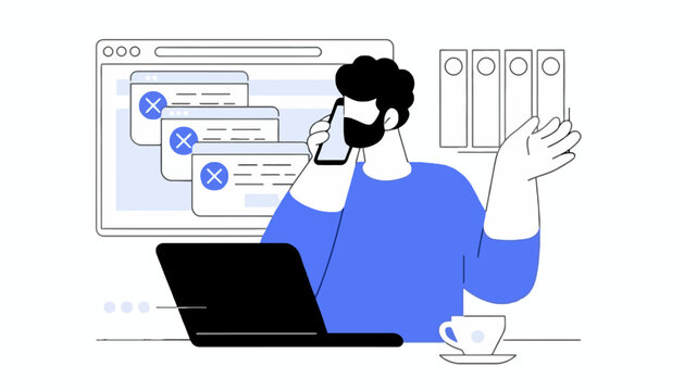 Frustrated man talking on phone with multiple error popup windows on computer screen vector illustration