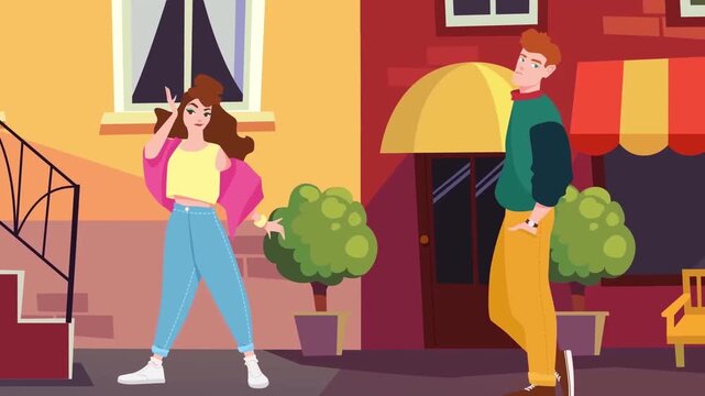 2D Animated Couple Meeting on City Street Sidewalk, Romance, Young Man and Woman Dating in Front of Cafe Shop, Flat Vector Design