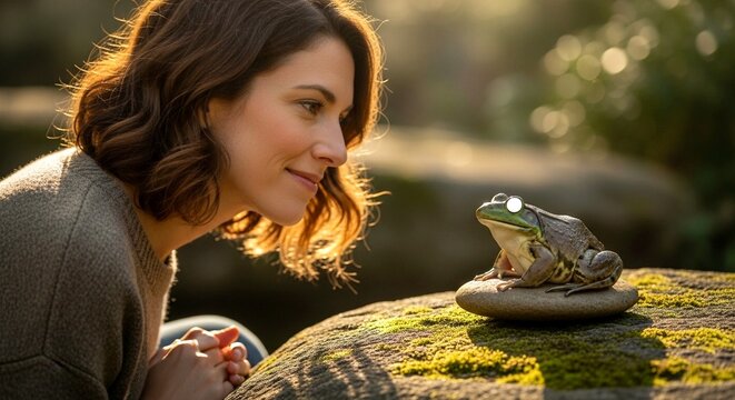 Woman smiling at a frog on a mossy rock