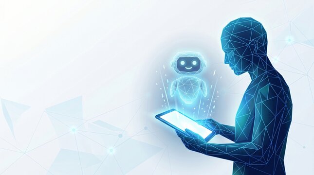 Humanoid silhouette constructed of digital particles interacting with a small glowing artificial intelligence bot icon above a tablet screen humanoid artificial intelligence particle