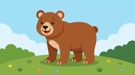 Fototapeta premium A cartoon brown bear standing on green grass.