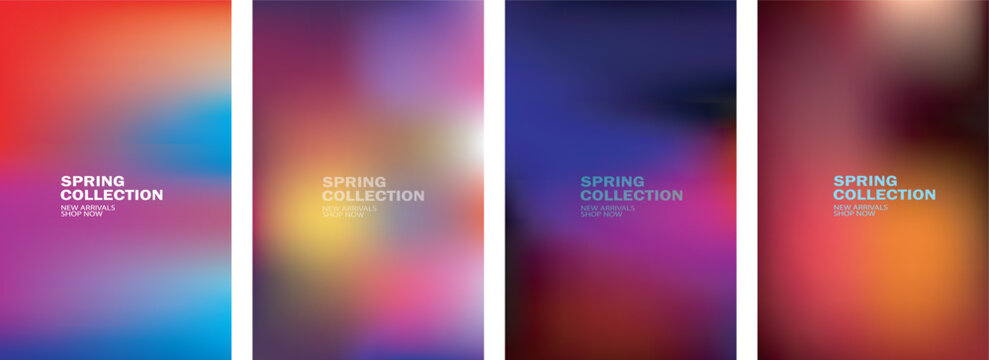 Set of four abstract vibrant colorful blurred gradient backgrounds for modern spring collection flyer design templates