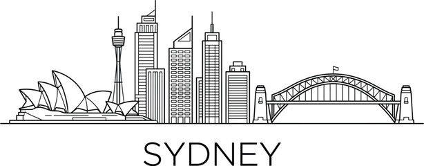 Obraz premium Sydney city skyline outline featuring major landmarks like opera house tower tall buildings and famous harbour bridge.