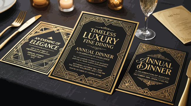Art deco style luxury fine dining annual dinner invitation set with gold foil details
