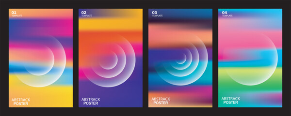 Fototapeta premium Set of four abstract posters with vibrant gradient colors and circular light ring shapes for modern graphic design