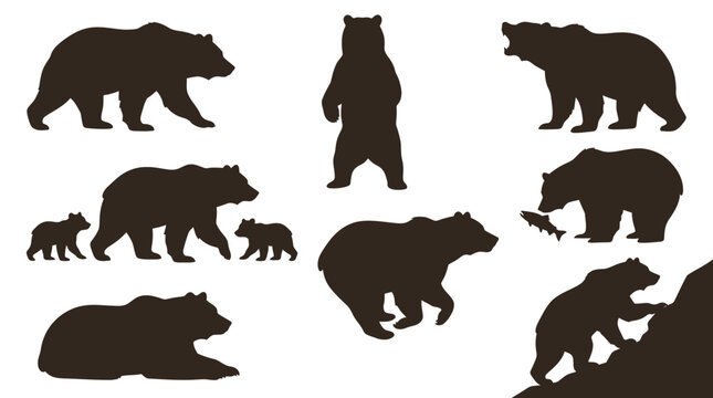 Collection of brown bear silhouettes walking and standing.