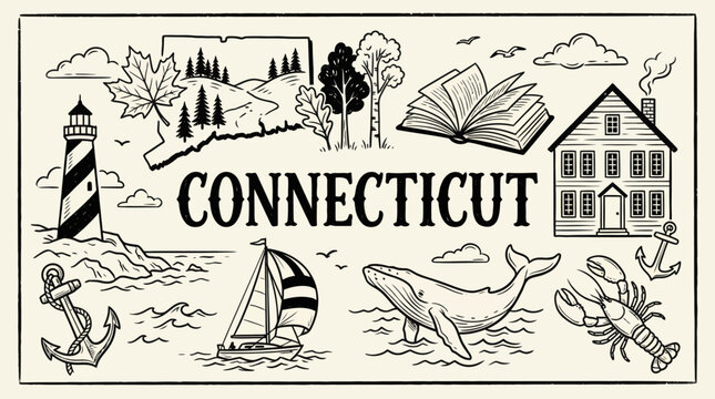 Connecticut‑themed illustration featuring lighthouse, sailboat, anchors, whale tail, lobster, maple leaf, and home symbolizing coastal New England charm