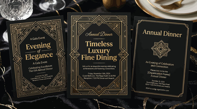 Elegant art deco annual dinner invitation suite with gold and black luxury design