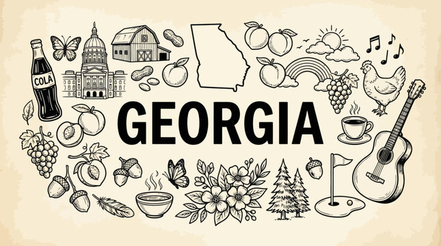 Georgia‑themed illustration featuring state outline, peaches, peanuts, Capitol building, guitar, farm, and coffee symbolizing Southern culture and hospitality