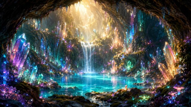 Glowing Crystal Cave with Magical Waterfall