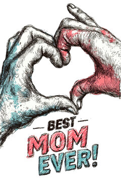 Hands form heart around "Best Mom Ever" text, sketched/colored