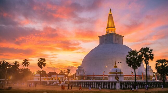 White Buddhist Stupa with Golden Spire Glowing at Sunset Sri Lanka