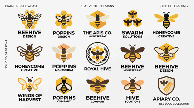 Collection of bee logo designs and branding templates.